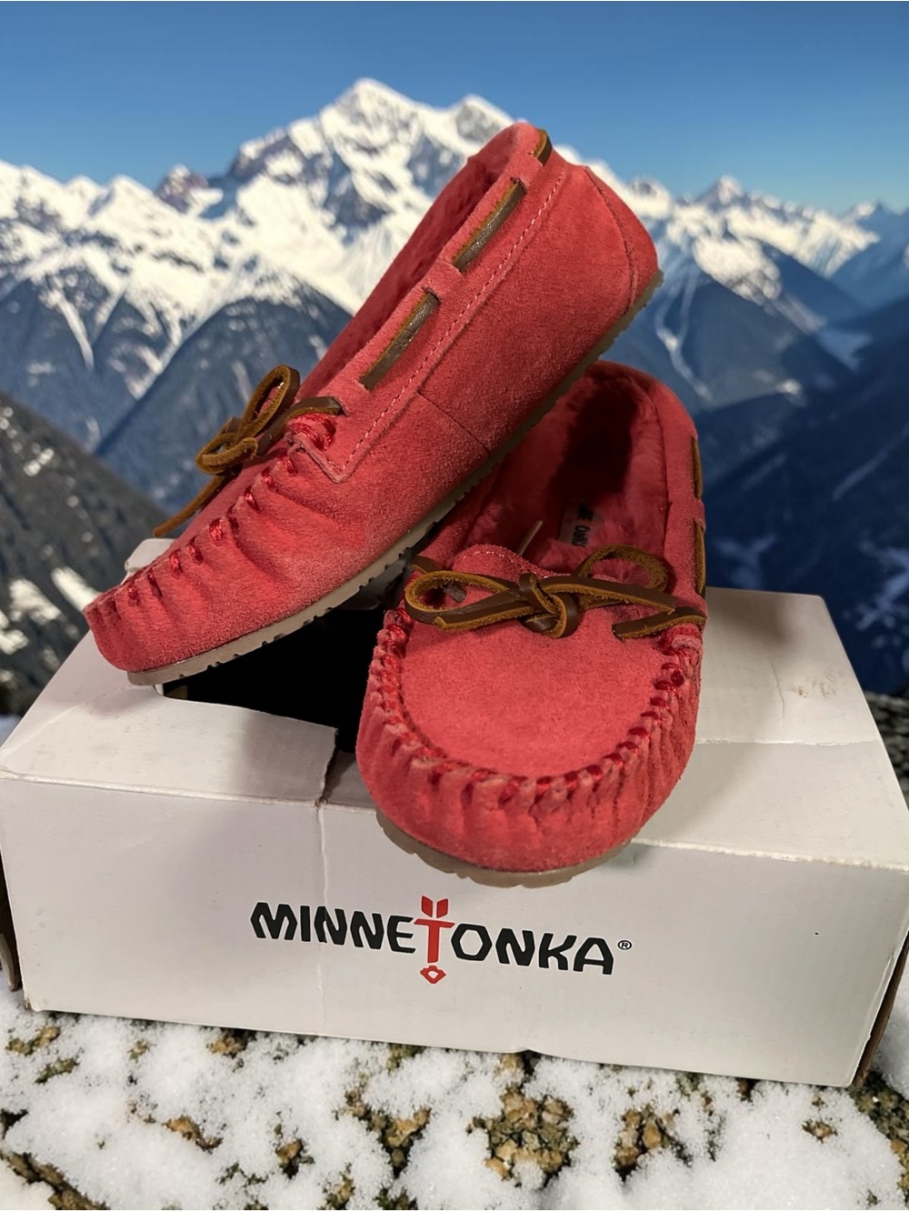 Minnetonka Coral Red Suede Moccasin Flats with Bow